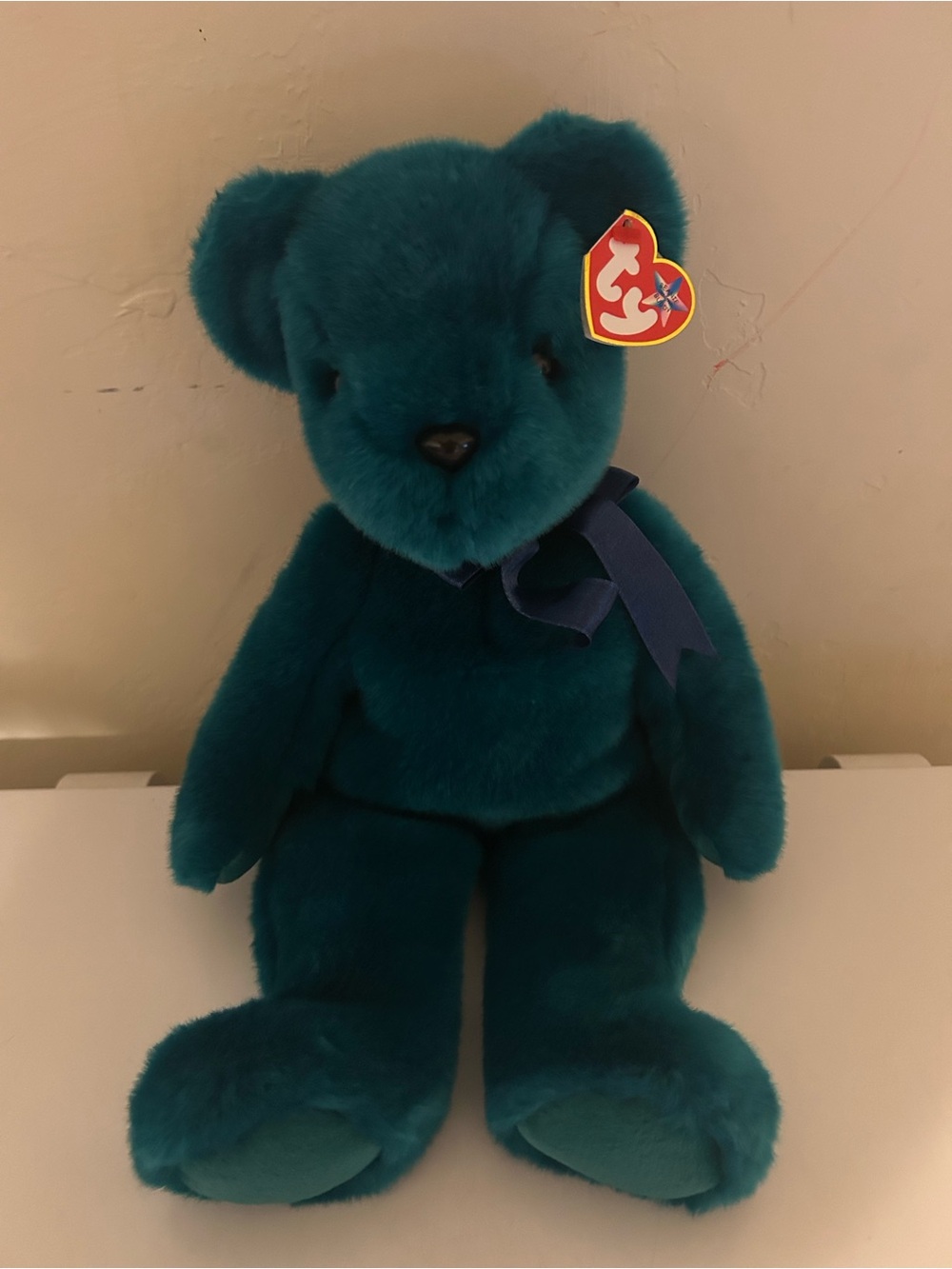 Ty Teal Old Face Teddy 4th G w/ embroired Tush Tag Near Mint Beanie Buddy
